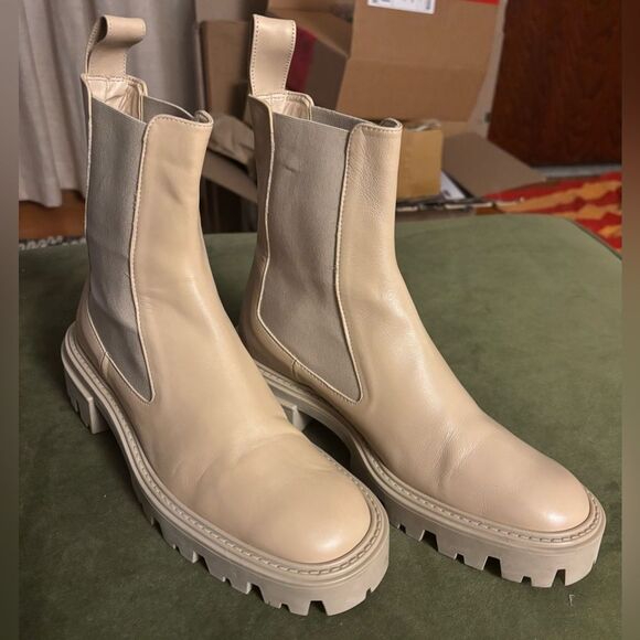 Zara Cream Leather Chunky Lug Sole Platform High Ankle Chelsea Boot Sz 6.5 (37) - Picture 3 of 7